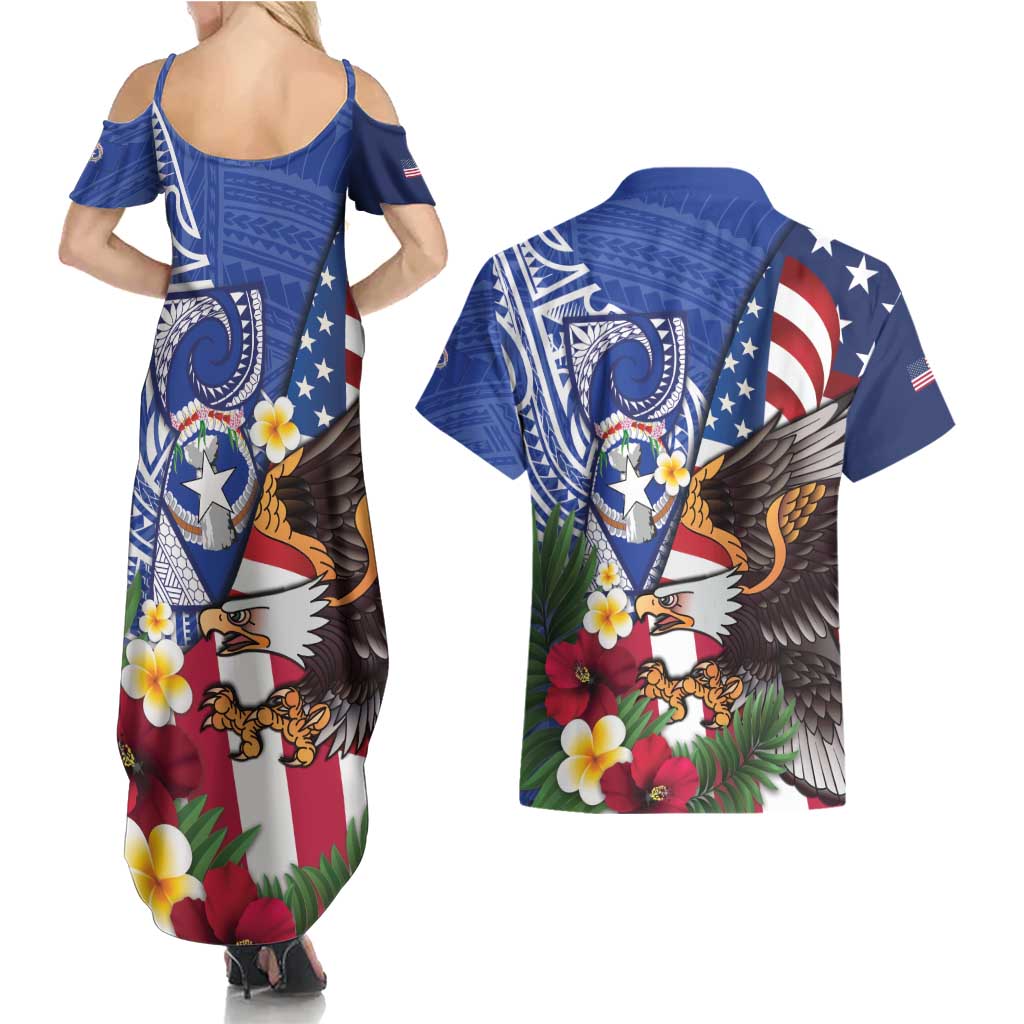 United States and Northern Mariana Islands Couples Matching Summer Maxi Dress and Hawaiian Shirt USA Flag Eagle CNMI Latte Stone Tropical Flowers
