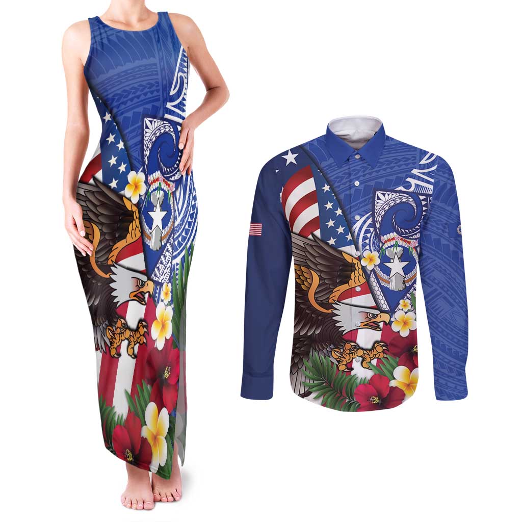 United States and Northern Mariana Islands Couples Matching Tank Maxi Dress and Long Sleeve Button Shirt USA Flag Eagle CNMI Latte Stone Tropical Flowers LT14 Blue - Polynesian Pride