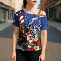 United States and Northern Mariana Islands Cross Shoulder Shirt USA Flag Eagle CNMI Latte Stone Tropical Flowers