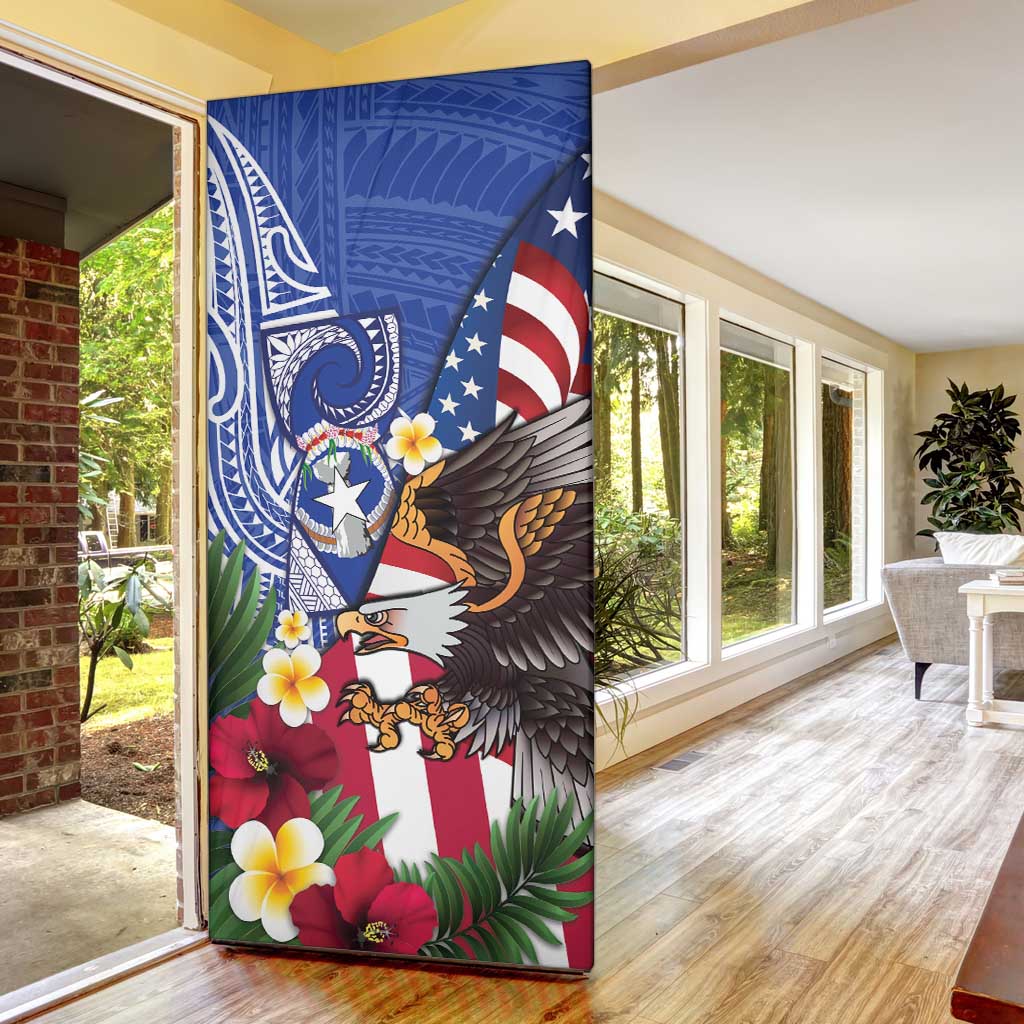 United States and Northern Mariana Islands Door Cover USA Flag Eagle CNMI Latte Stone Tropical Flowers