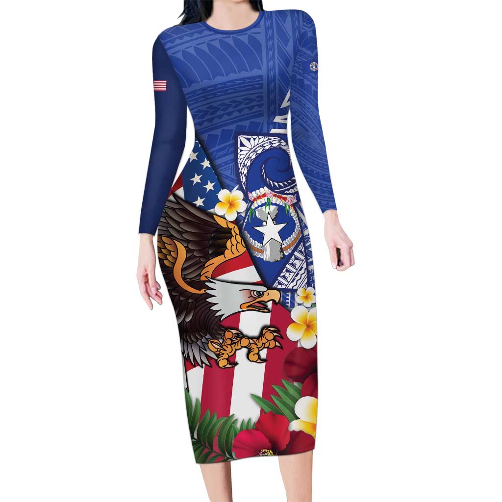 United States and Northern Mariana Islands Family Matching Long Sleeve Bodycon Dress and Hawaiian Shirt USA Flag Eagle CNMI Latte Stone Tropical Flowers