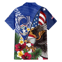 United States and Northern Mariana Islands Family Matching Off The Shoulder Long Sleeve Dress and Hawaiian Shirt USA Flag Eagle CNMI Latte Stone Tropical Flowers