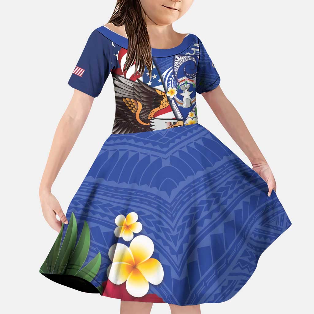 United States and Northern Mariana Islands Family Matching Off Shoulder Short Dress and Hawaiian Shirt USA Flag Eagle CNMI Latte Stone Tropical Flowers