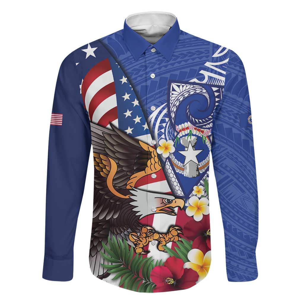 United States and Northern Mariana Islands Family Matching Off Shoulder Short Dress and Hawaiian Shirt USA Flag Eagle CNMI Latte Stone Tropical Flowers