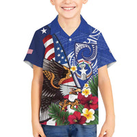 United States and Northern Mariana Islands Family Matching Off Shoulder Short Dress and Hawaiian Shirt USA Flag Eagle CNMI Latte Stone Tropical Flowers