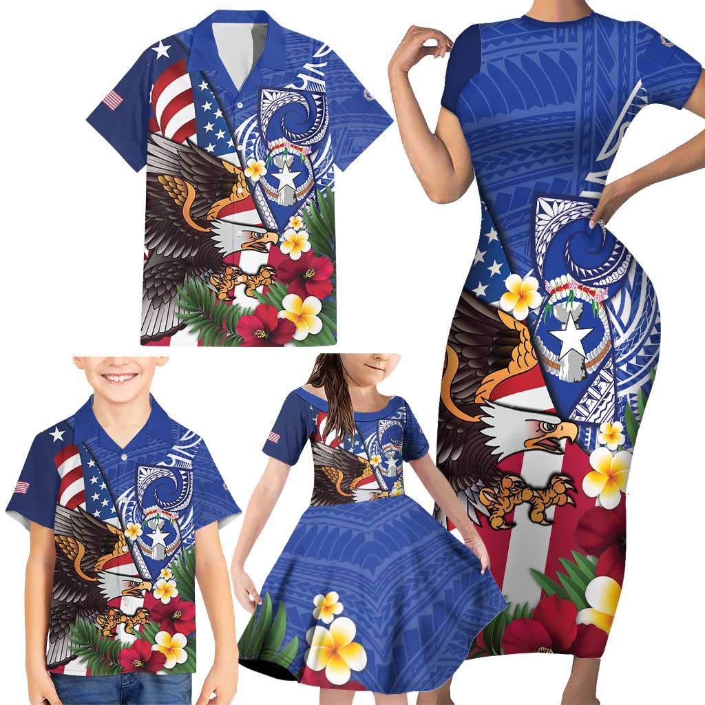 United States and Northern Mariana Islands Family Matching Short Sleeve Bodycon Dress and Hawaiian Shirt USA Flag Eagle CNMI Latte Stone Tropical Flowers LT14 - Polynesian Pride