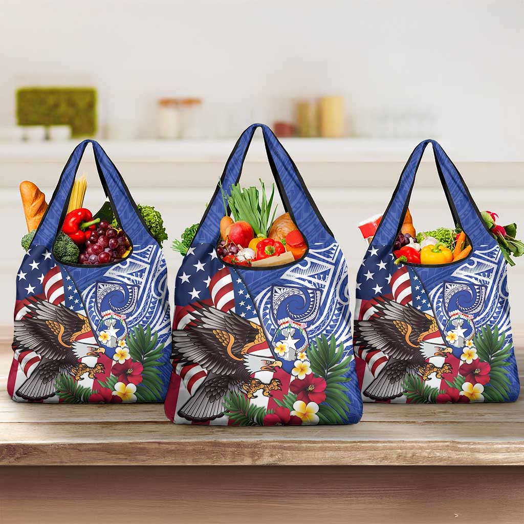 United States and Northern Mariana Islands Grocery Bag USA Flag Eagle CNMI Latte Stone Tropical Flowers