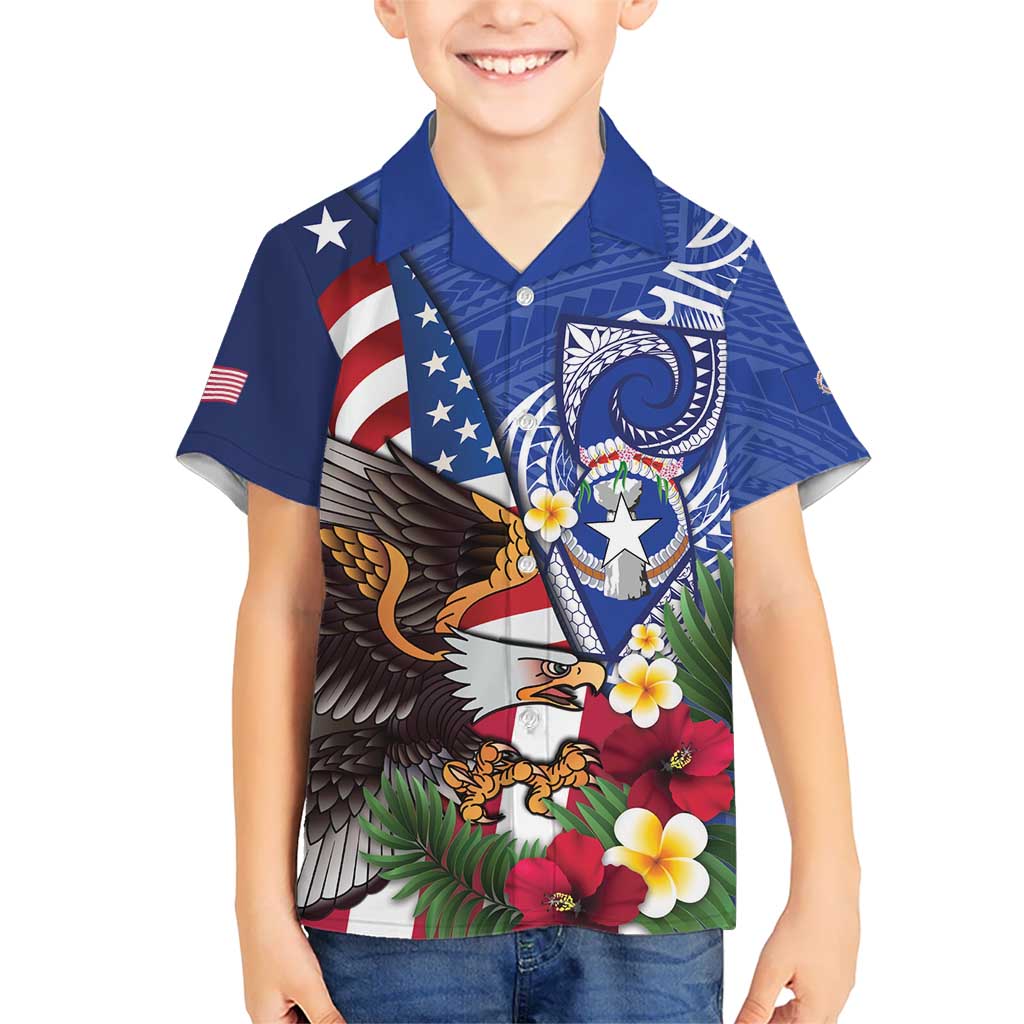 United States and Northern Mariana Islands Kid Hawaiian Shirt USA Flag Eagle CNMI Latte Stone Tropical Flowers