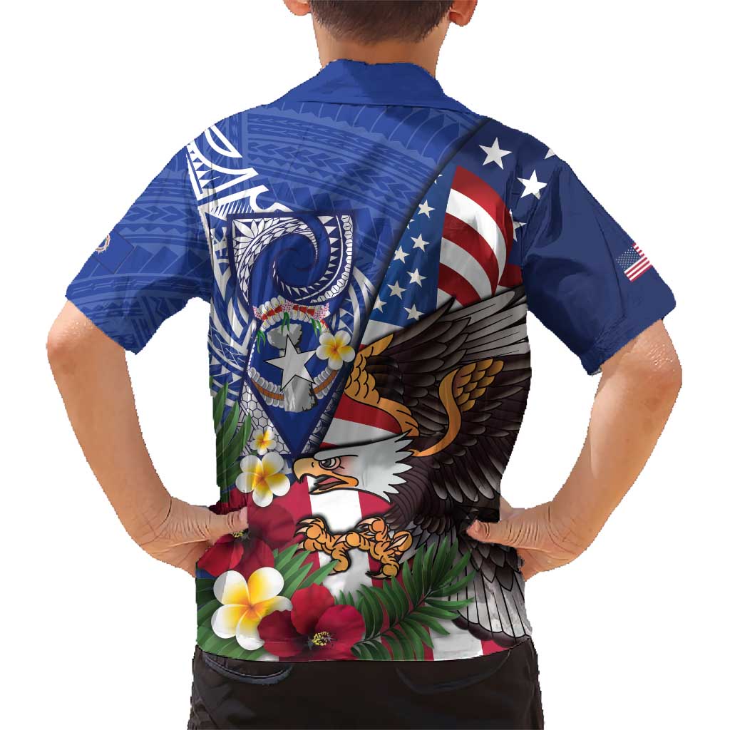 United States and Northern Mariana Islands Kid Hawaiian Shirt USA Flag Eagle CNMI Latte Stone Tropical Flowers