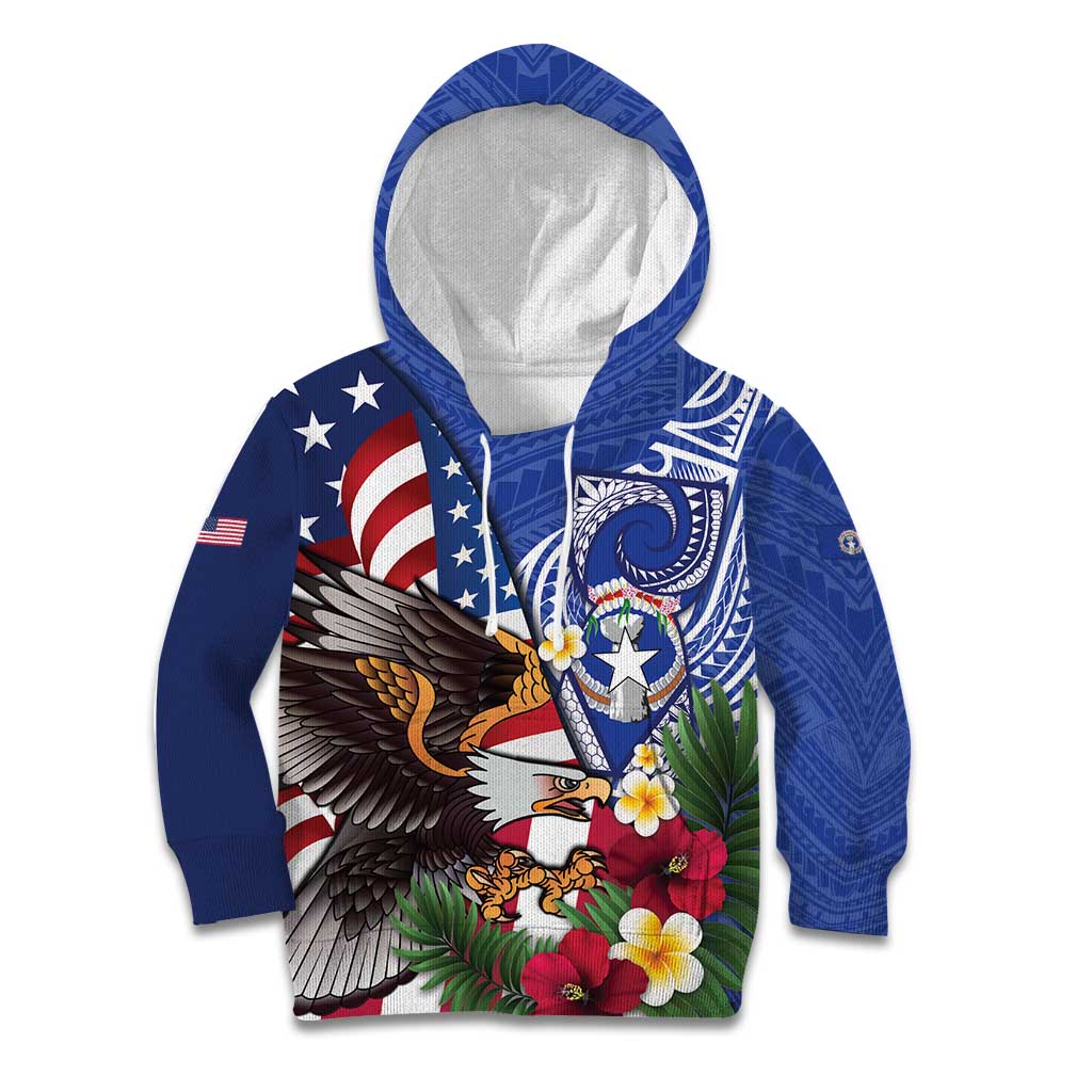 United States and Northern Mariana Islands Kid Hoodie USA Flag Eagle CNMI Latte Stone Tropical Flowers LT14 Hoodie Blue - Polynesian Pride