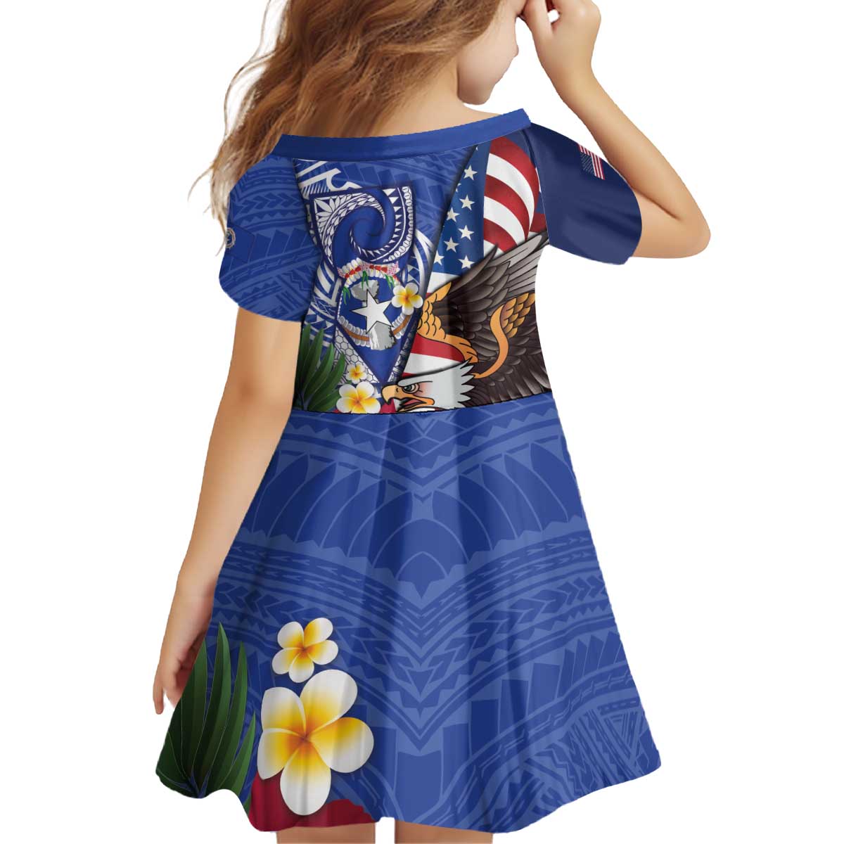 United States and Northern Mariana Islands Kid Short Sleeve Dress USA Flag Eagle CNMI Latte Stone Tropical Flowers