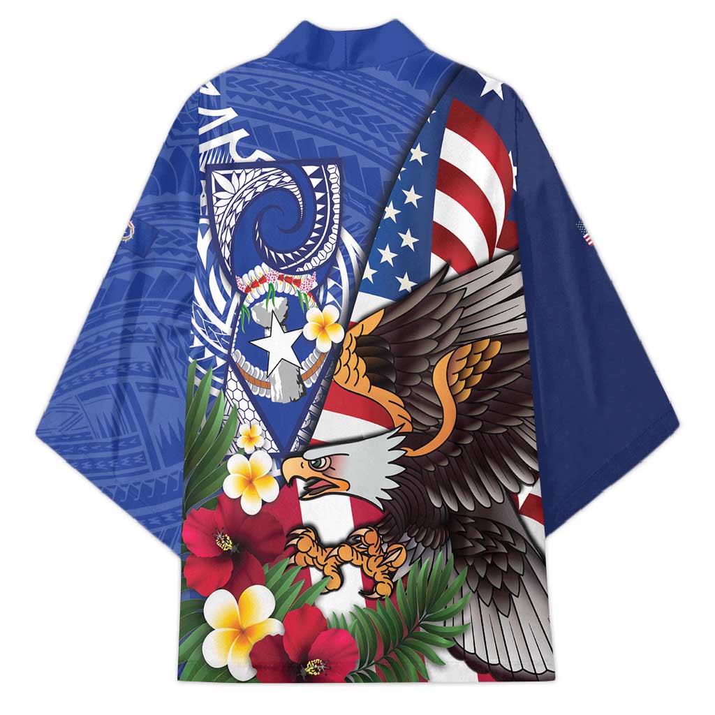 United States and Northern Mariana Islands Kimono USA Flag Eagle CNMI Latte Stone Tropical Flowers LT14 - Polynesian Pride