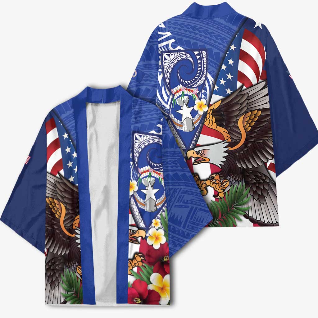 United States and Northern Mariana Islands Kimono USA Flag Eagle CNMI Latte Stone Tropical Flowers LT14 - Polynesian Pride