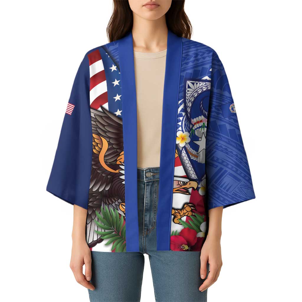 United States and Northern Mariana Islands Kimono USA Flag Eagle CNMI Latte Stone Tropical Flowers LT14 - Polynesian Pride