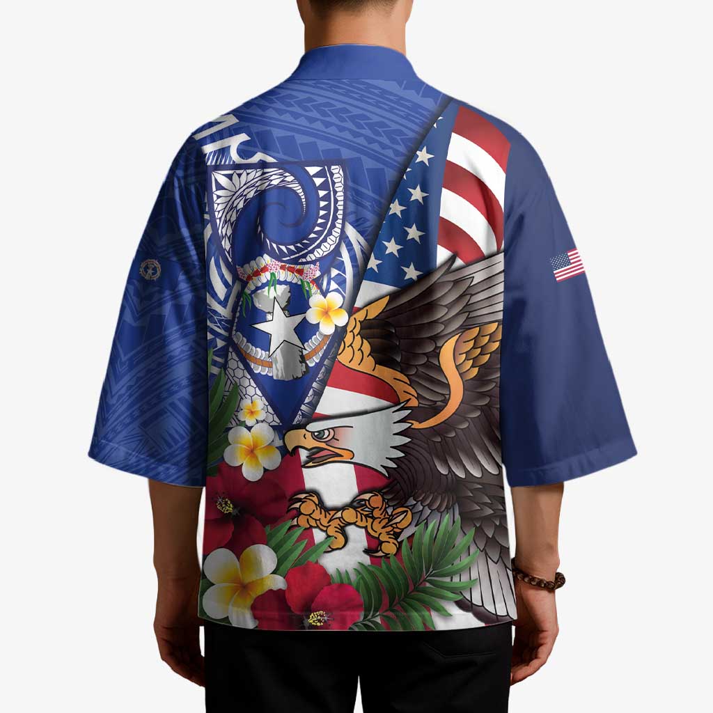 United States and Northern Mariana Islands Kimono USA Flag Eagle CNMI Latte Stone Tropical Flowers LT14 - Polynesian Pride