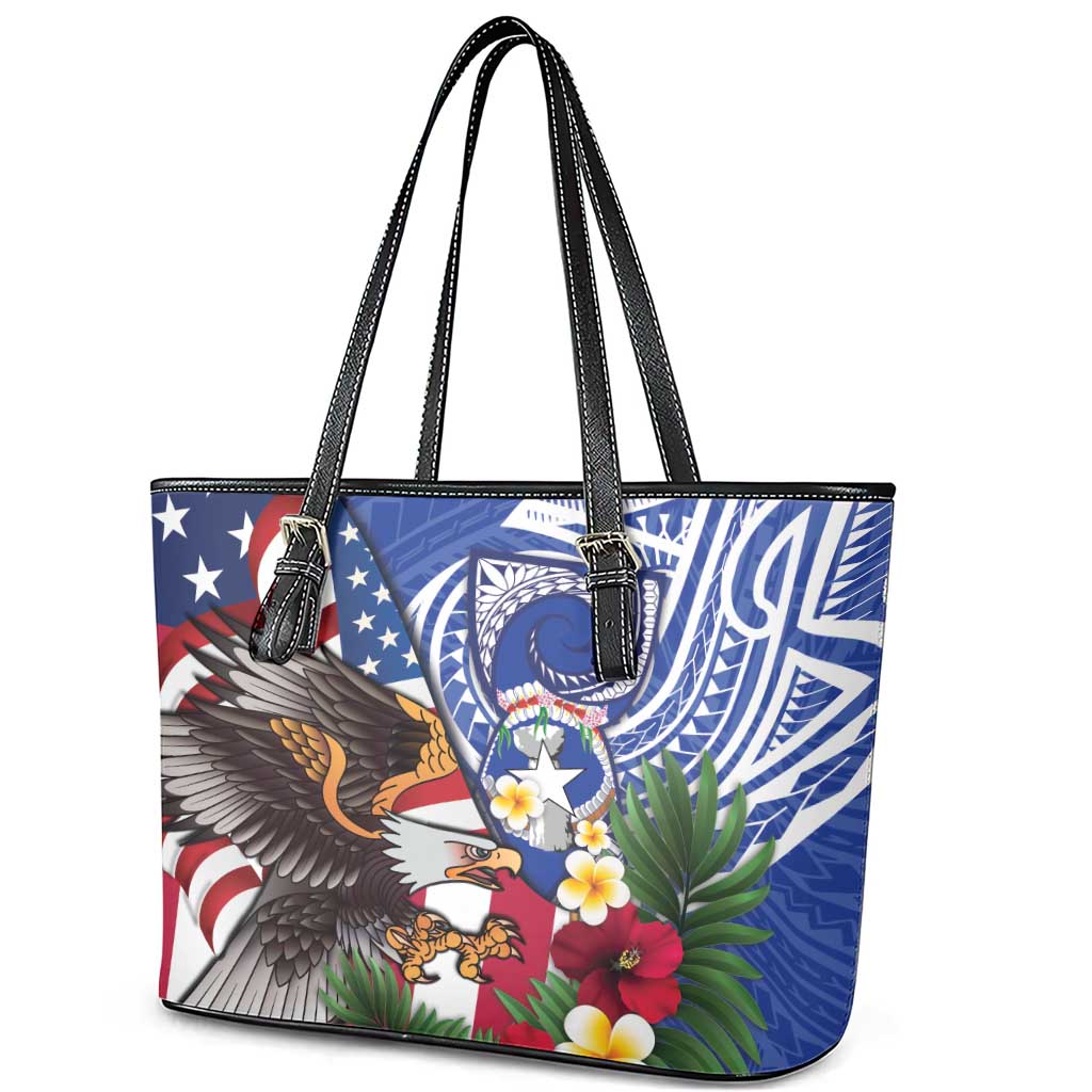 United States and Northern Mariana Islands Leather Tote Bag USA Flag Eagle CNMI Latte Stone Tropical Flowers