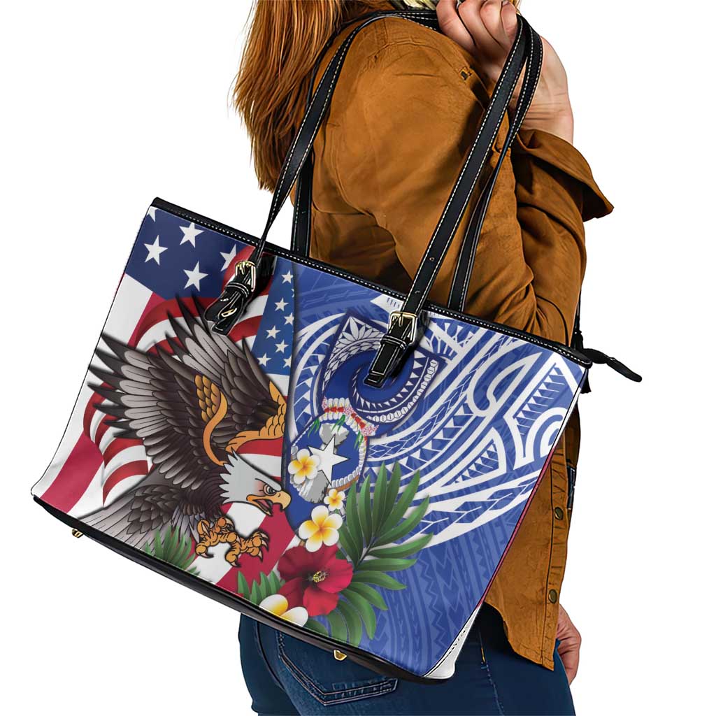 United States and Northern Mariana Islands Leather Tote Bag USA Flag Eagle CNMI Latte Stone Tropical Flowers