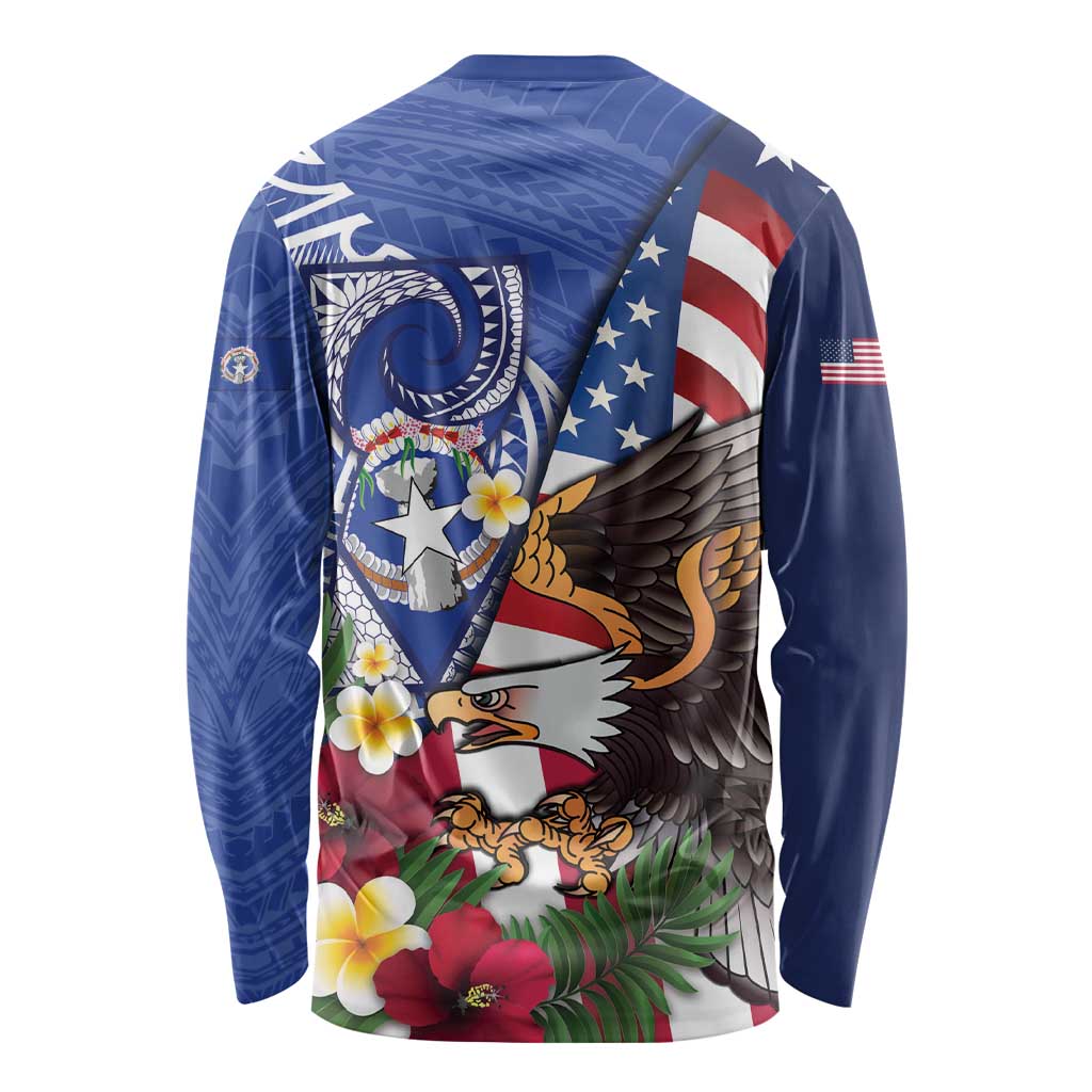 United States and Northern Mariana Islands Long Sleeve Shirt USA Flag Eagle CNMI Latte Stone Tropical Flowers