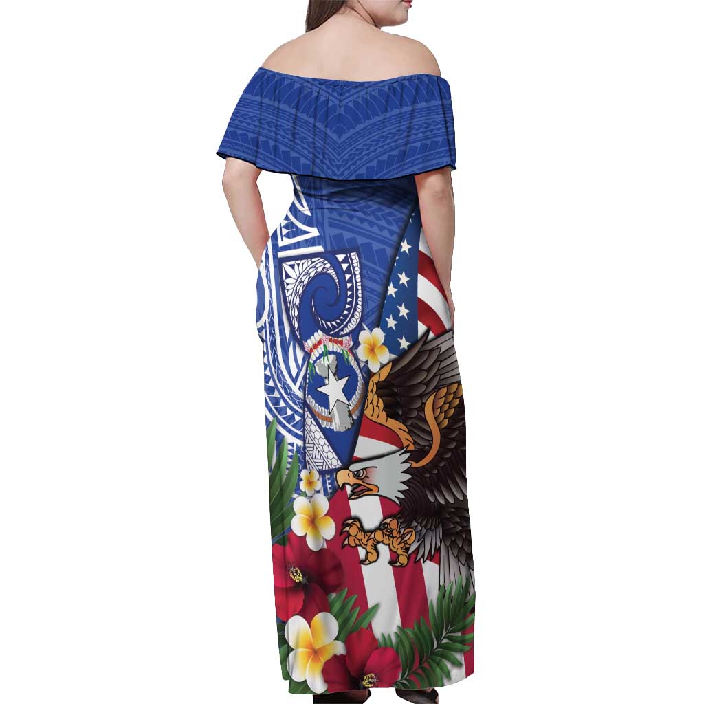 United States and Northern Mariana Islands Off Shoulder Maxi Dress USA Flag Eagle CNMI Latte Stone Tropical Flowers