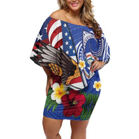 United States and Northern Mariana Islands Off Shoulder Short Dress USA Flag Eagle CNMI Latte Stone Tropical Flowers