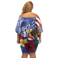United States and Northern Mariana Islands Off Shoulder Short Dress USA Flag Eagle CNMI Latte Stone Tropical Flowers