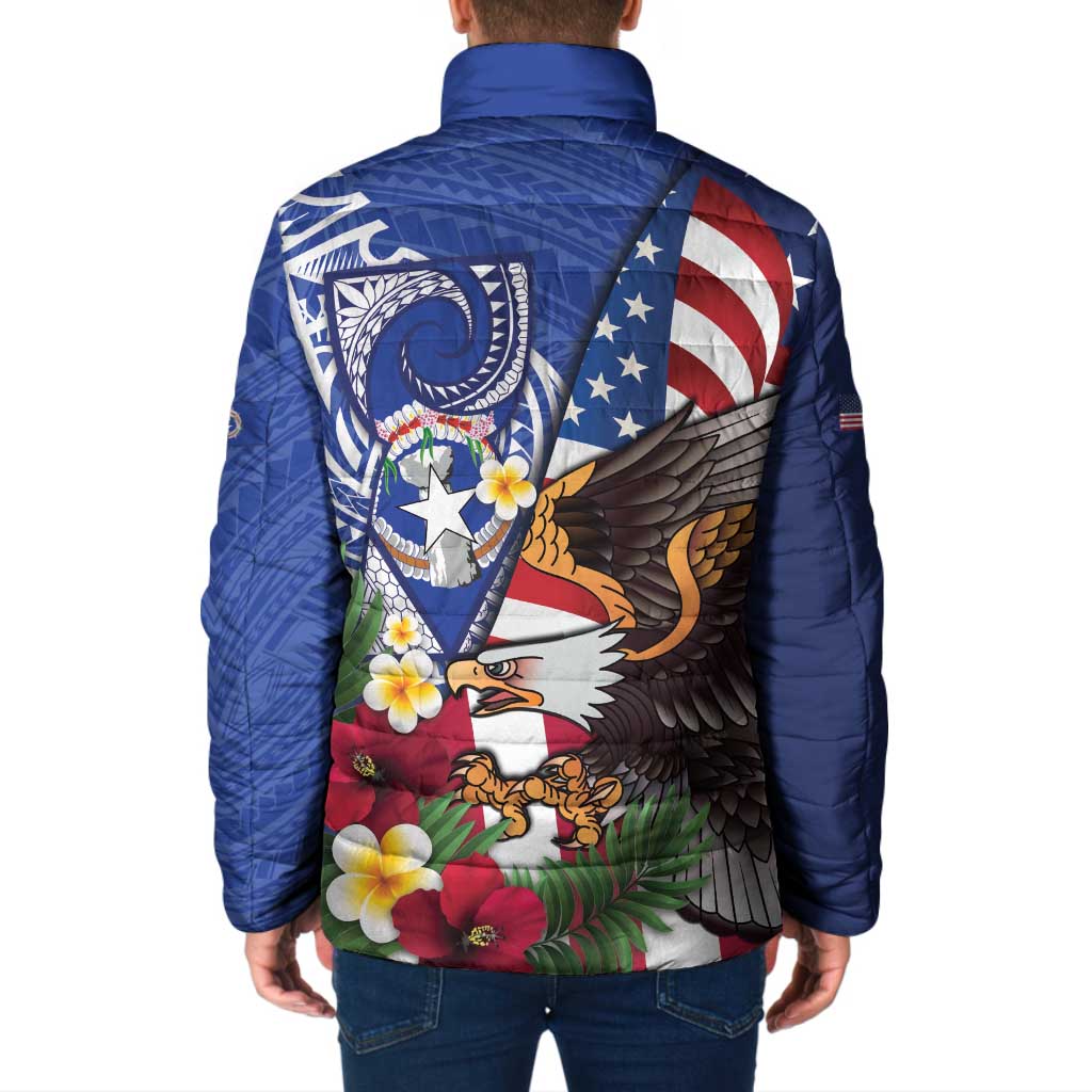 United States and Northern Mariana Islands Padded Jacket USA Flag Eagle CNMI Latte Stone Tropical Flowers