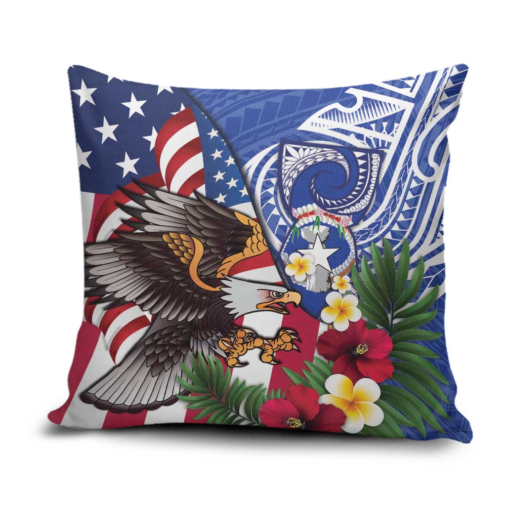 United States and Northern Mariana Islands Pillow Cover USA Flag Eagle CNMI Latte Stone Tropical Flowers