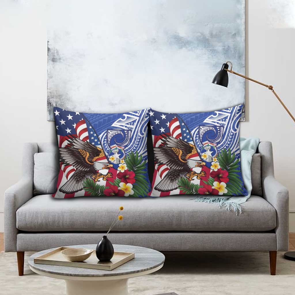 United States and Northern Mariana Islands Pillow Cover USA Flag Eagle CNMI Latte Stone Tropical Flowers