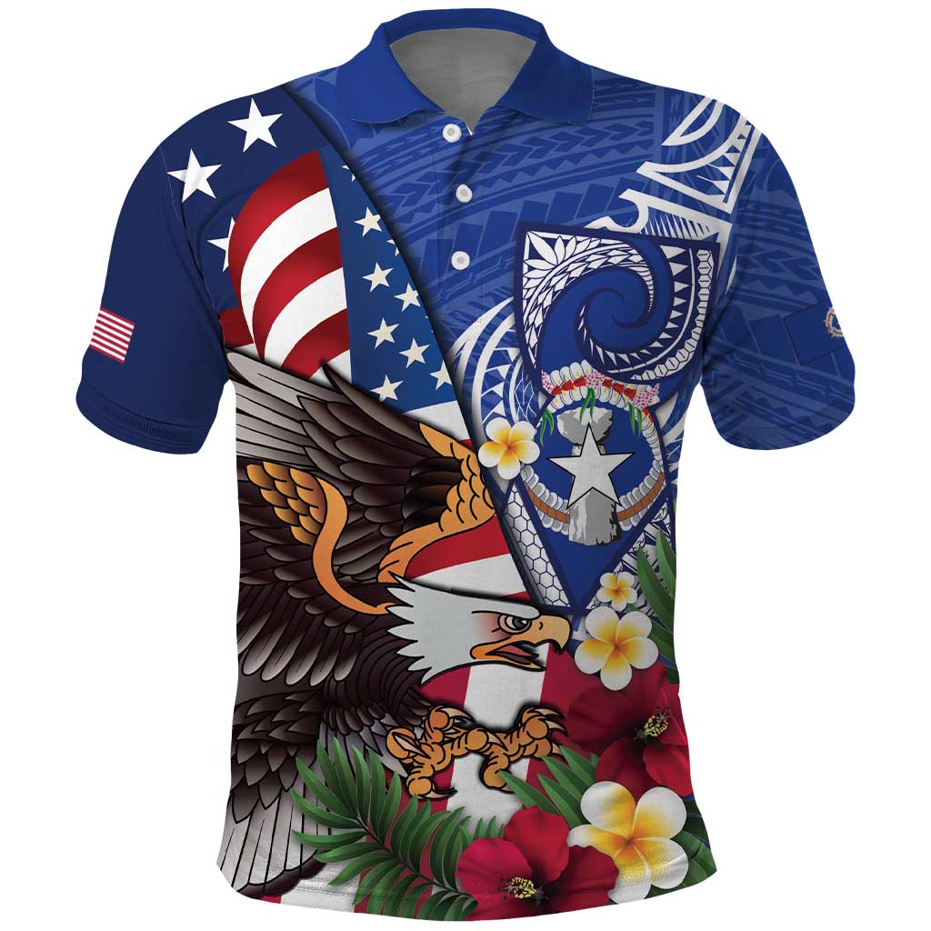 United States and Northern Mariana Islands Polo Shirt USA Flag Eagle CNMI Latte Stone Tropical Flowers