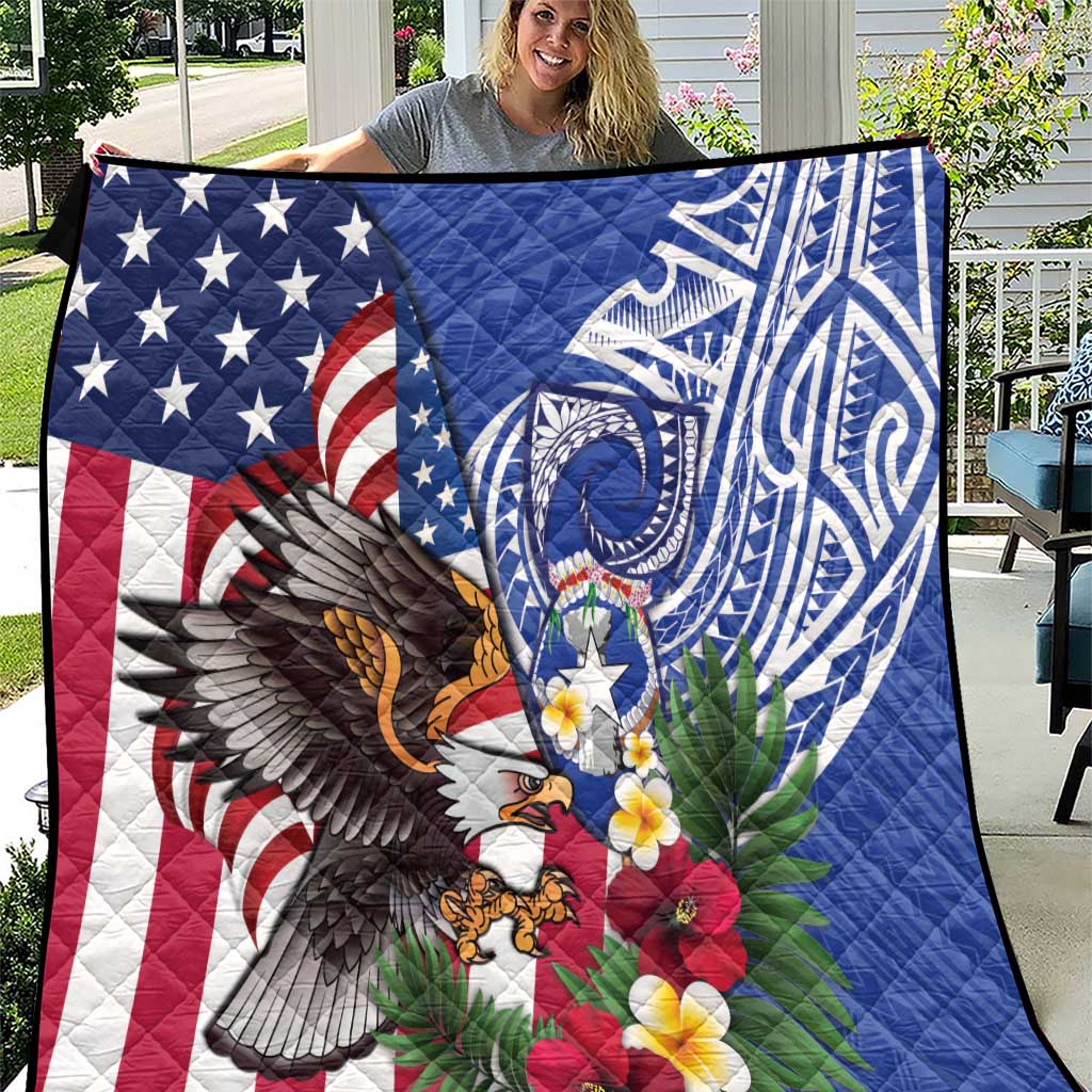 United States and Northern Mariana Islands Quilt USA Flag Eagle CNMI Latte Stone Tropical Flowers LT14 Blue - Polynesian Pride