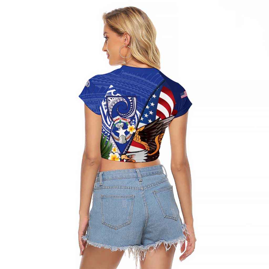 United States and Northern Mariana Islands Raglan Cropped T Shirt USA Flag Eagle CNMI Latte Stone Tropical Flowers