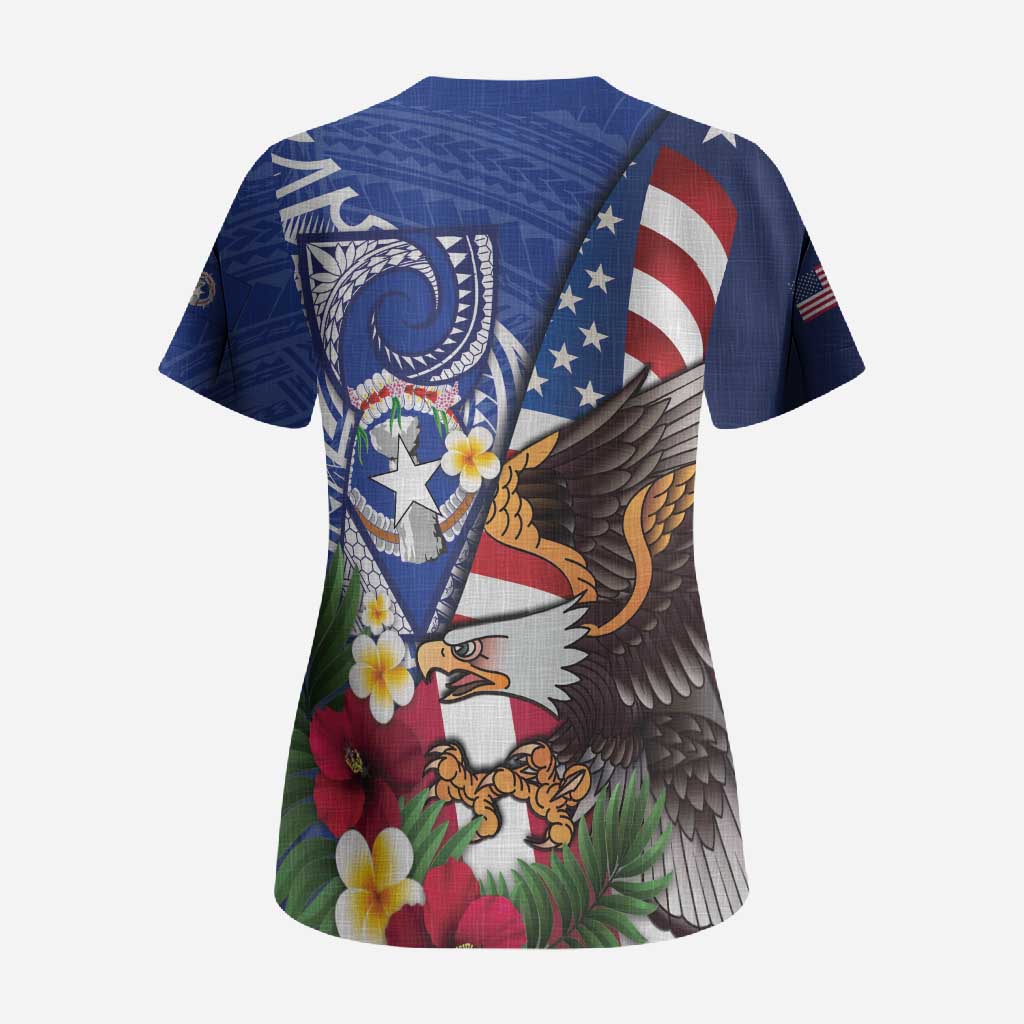United States and Northern Mariana Islands Scrub Top USA Flag Eagle CNMI Latte Stone Tropical Flowers
