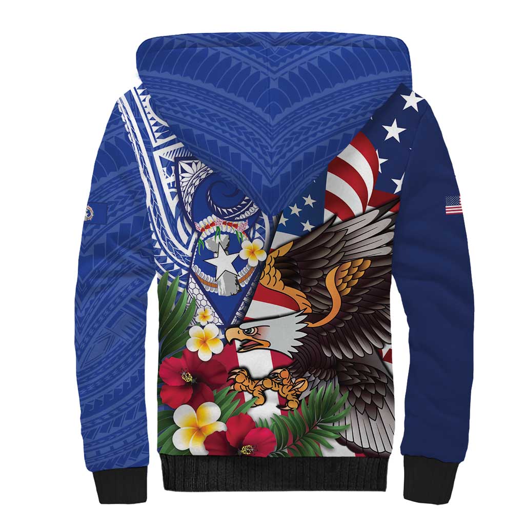United States and Northern Mariana Islands Sherpa Hoodie USA Flag Eagle CNMI Latte Stone Tropical Flowers