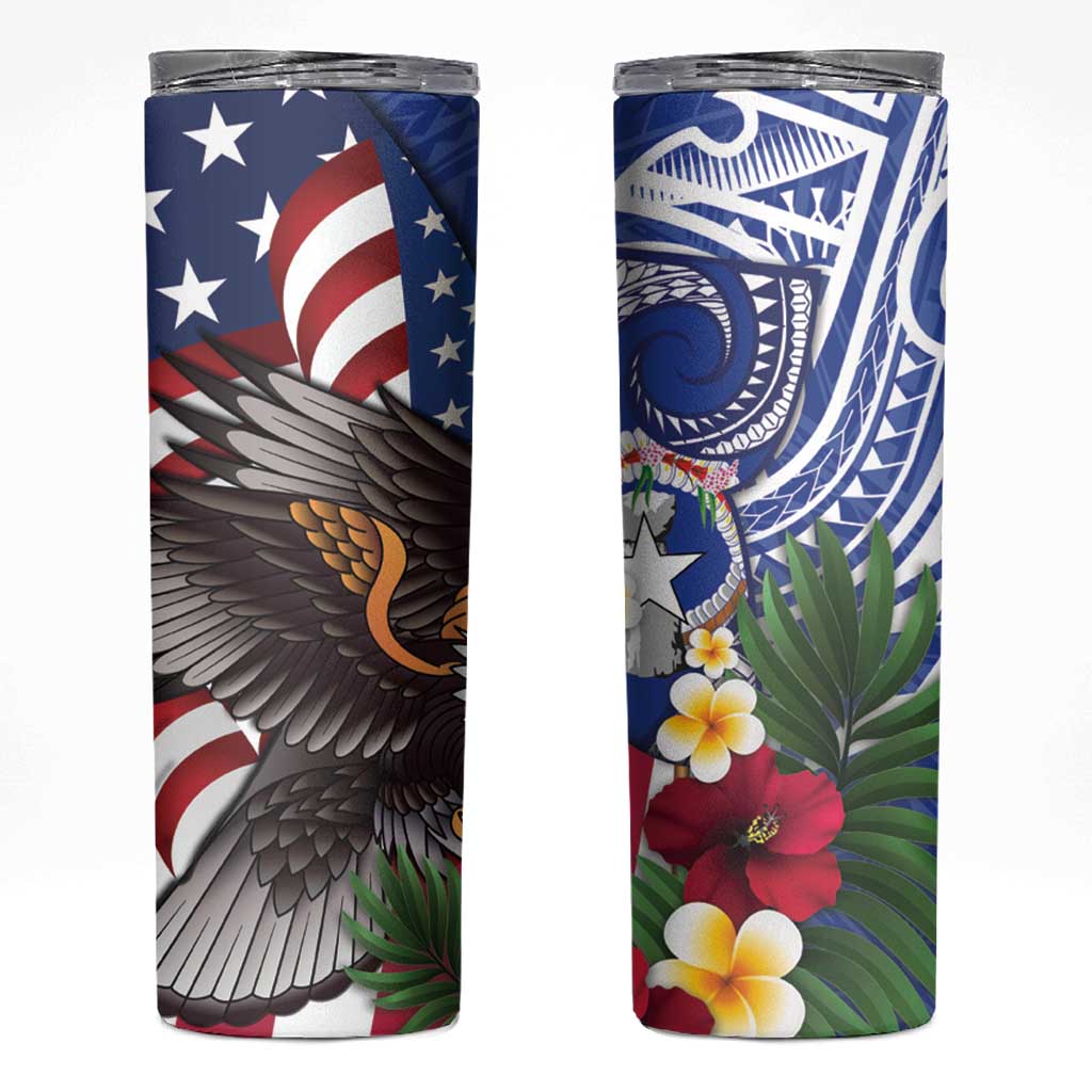 United States and Northern Mariana Islands Skinny Tumbler USA Flag Eagle CNMI Latte Stone Tropical Flowers
