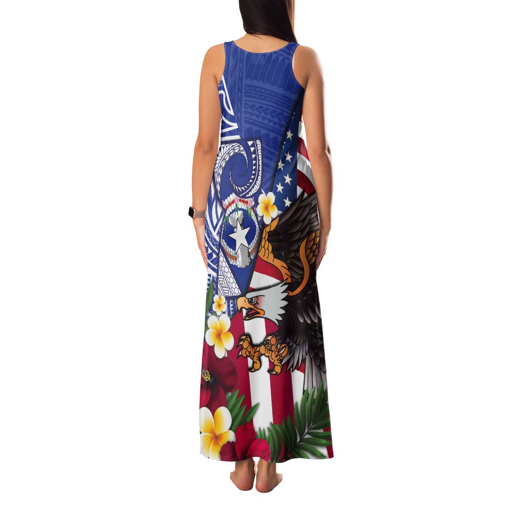United States and Northern Mariana Islands Tank Maxi Dress USA Flag Eagle CNMI Latte Stone Tropical Flowers