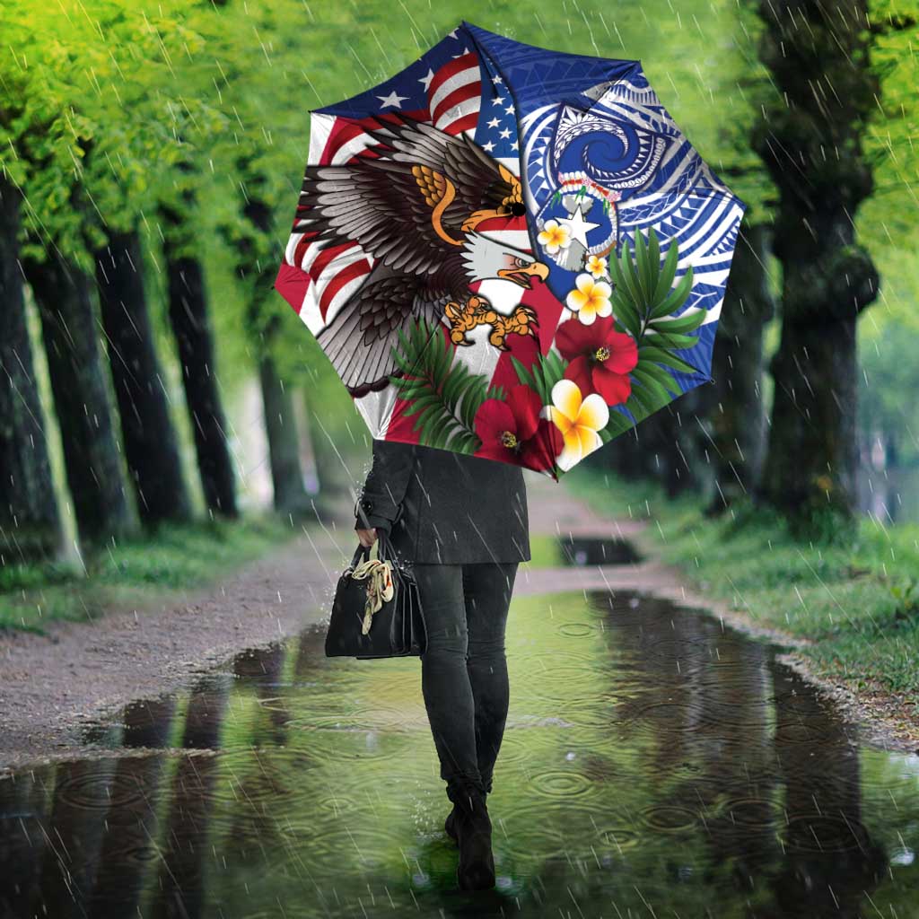 United States and Northern Mariana Islands Umbrella USA Flag Eagle CNMI Latte Stone Tropical Flowers
