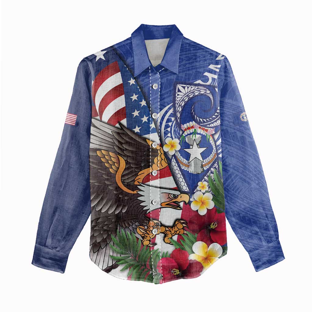 United States and Northern Mariana Islands Women Casual Shirt USA Flag Eagle CNMI Latte Stone Tropical Flowers