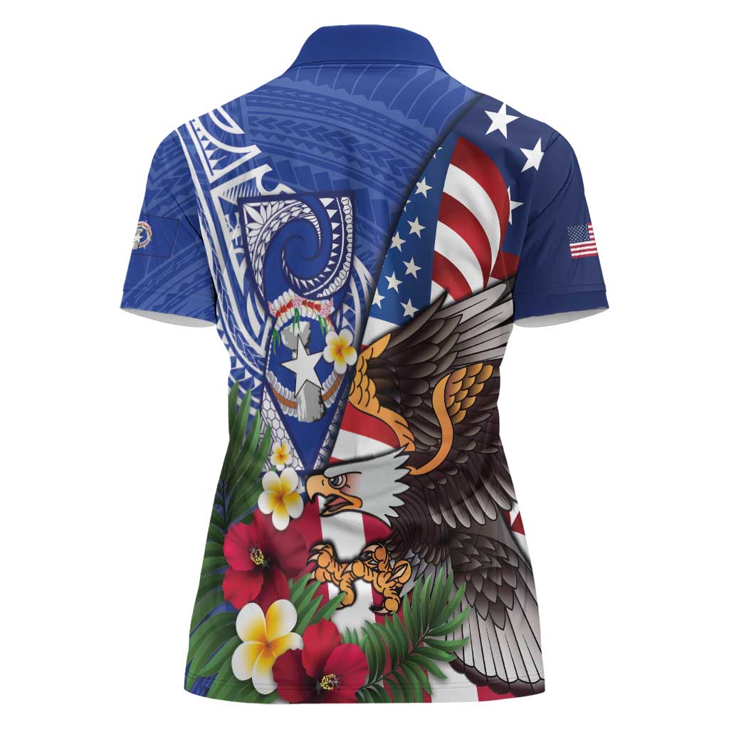 United States and Northern Mariana Islands Women Polo Shirt USA Flag Eagle CNMI Latte Stone Tropical Flowers