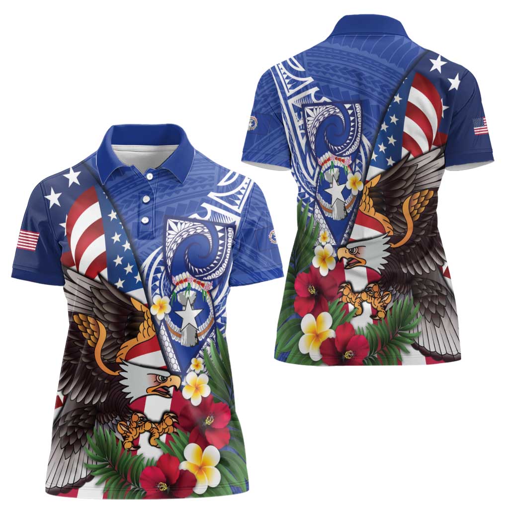 United States and Northern Mariana Islands Women Polo Shirt USA Flag Eagle CNMI Latte Stone Tropical Flowers