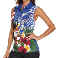 United States and Northern Mariana Islands Women Sleeveless Polo Shirt USA Flag Eagle CNMI Latte Stone Tropical Flowers