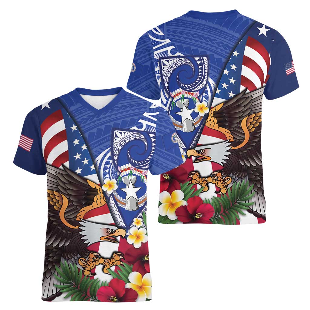 United States and Northern Mariana Islands Women V-Neck T-Shirt USA Flag Eagle CNMI Latte Stone Tropical Flowers