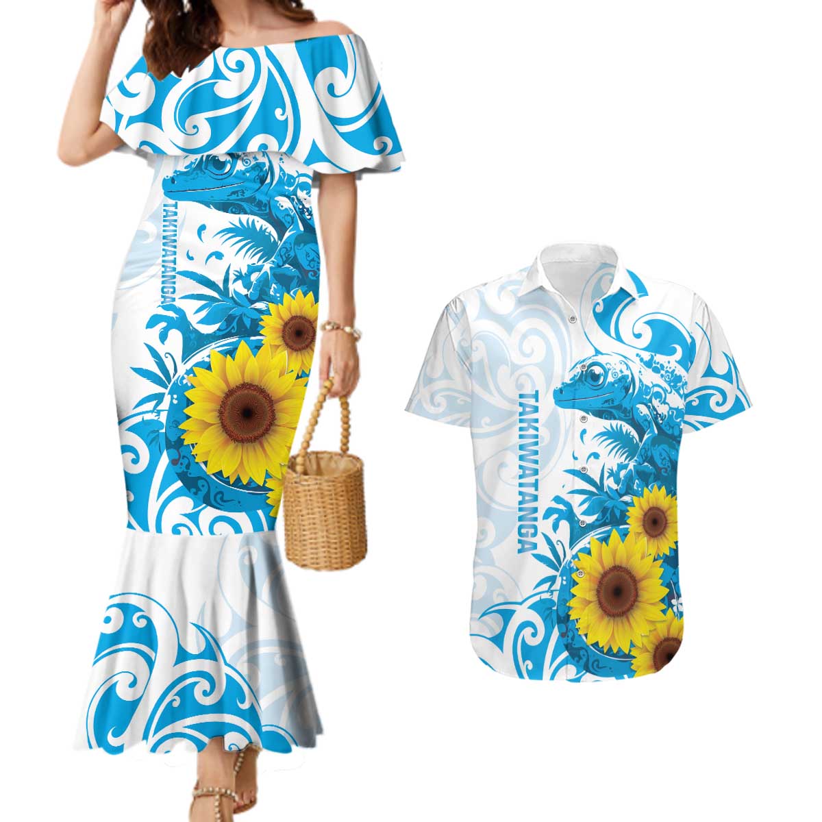New Zealand Autism Awareness Month Couples Matching Mermaid Dress and Hawaiian Shirt Takiwatanga Maori Lizard With Sunflower