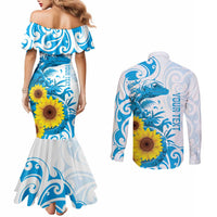 New Zealand Autism Awareness Month Couples Matching Mermaid Dress and Long Sleeve Button Shirt Takiwatanga Maori Lizard With Sunflower