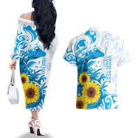 New Zealand Autism Awareness Month Couples Matching Off The Shoulder Long Sleeve Dress and Hawaiian Shirt Takiwatanga Maori Lizard With Sunflower