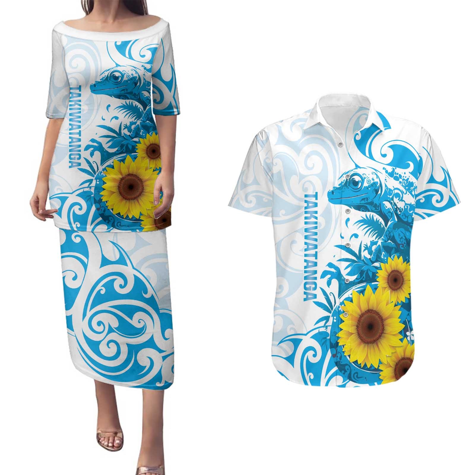 New Zealand Autism Awareness Month Couples Matching Puletasi and Hawaiian Shirt Takiwatanga Maori Lizard With Sunflower
