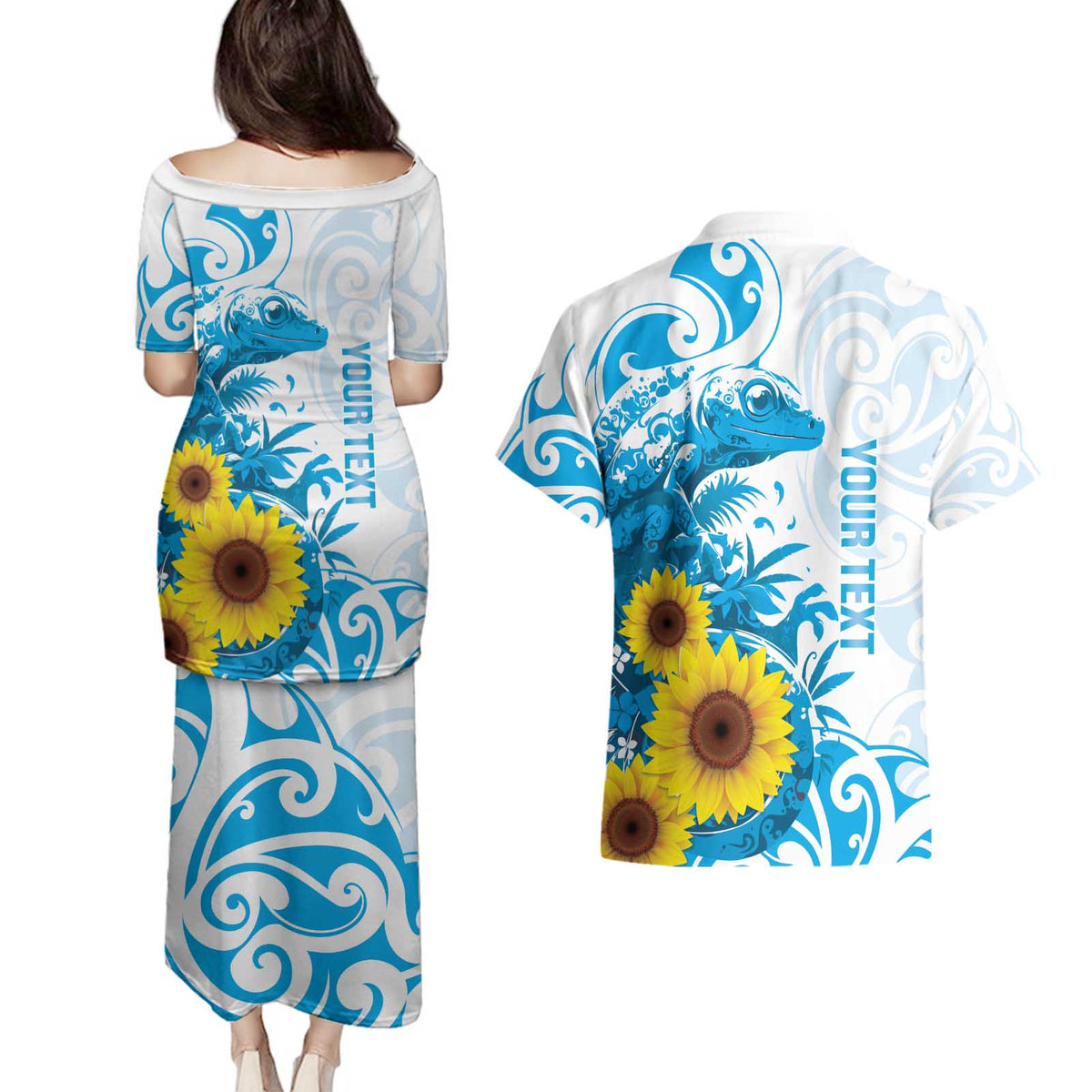 New Zealand Autism Awareness Month Couples Matching Puletasi and Hawaiian Shirt Takiwatanga Maori Lizard With Sunflower