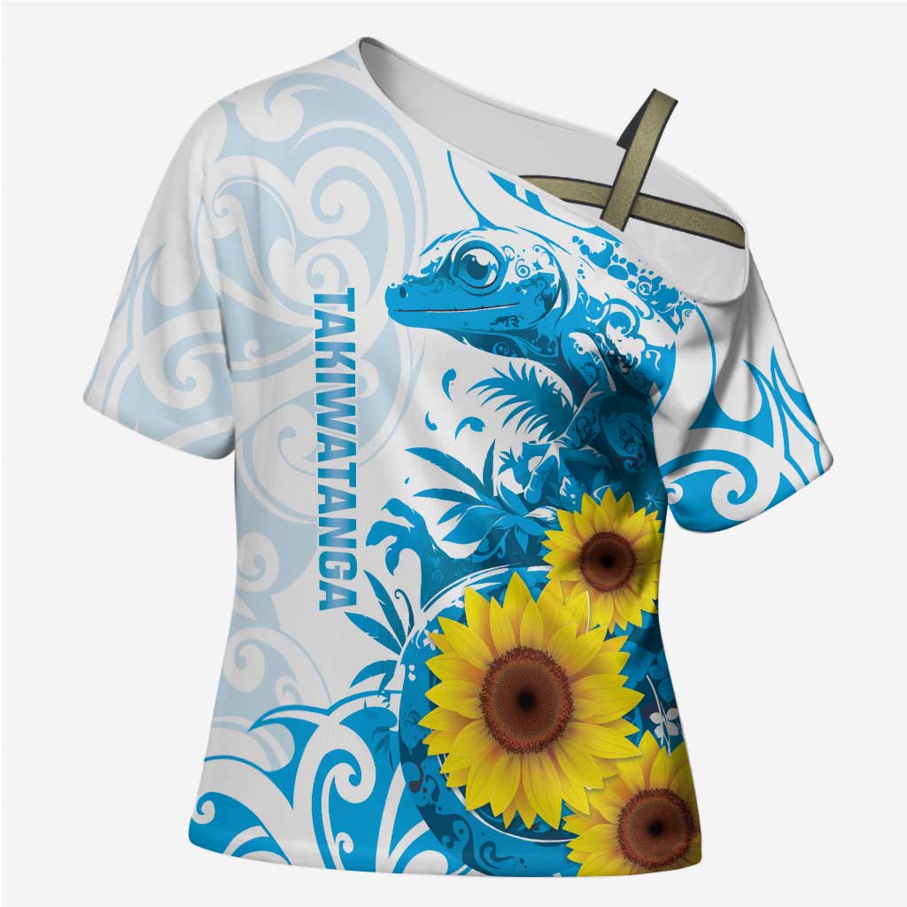 New Zealand Autism Awareness Month Cross Shoulder Shirt Takiwatanga Maori Lizard With Sunflower - Polynesian Pride