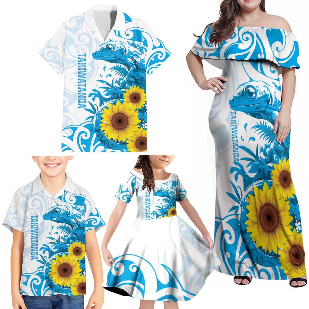 New Zealand Autism Awareness Month Family Matching Off Shoulder Maxi Dress and Hawaiian Shirt Takiwatanga Maori Lizard With Sunflower