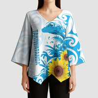 New Zealand Autism Awareness Month Kimono Sleeve Blouse Takiwatanga Maori Lizard With Sunflower - Polynesian Pride
