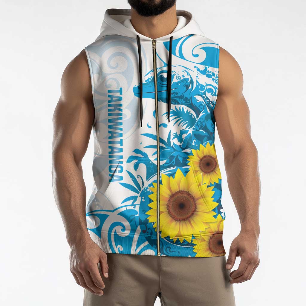 New Zealand Autism Awareness Month Sleeveless Zip Hoodie Takiwatanga Maori Lizard With Sunflower - Polynesian Pride